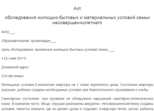 Акт обследования жилищно бытовых условий семьи образец заполнения для школы